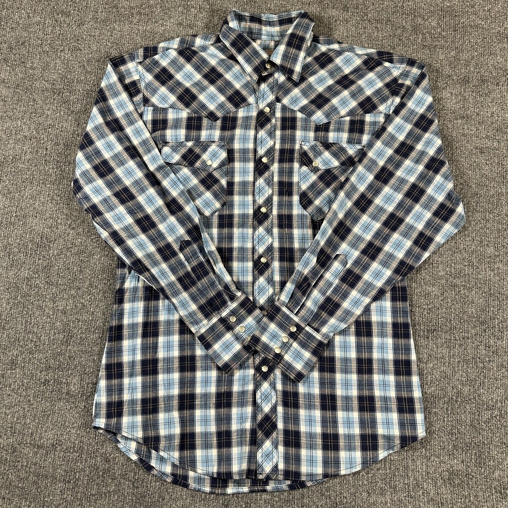 Wrangler Wrancher Shirt Mens Medium‎ Blue Plaid Long Sleeve Western Pearl Snap